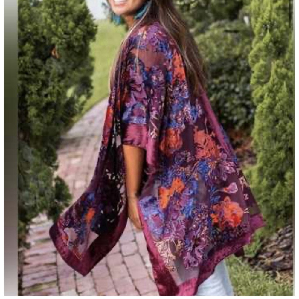 Natural Life Velvet Burnout Floral Semi Sheer Kimono Duster O/S Whimsy plum
